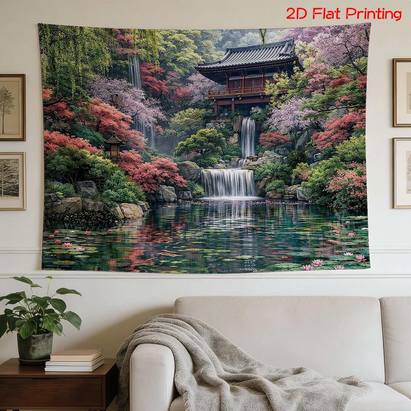 Stunning Japanese Cherry Blossom Waterfall Temple Mural Tapestry Polyester Print for Home Decor Asian Zen Garden Wall Art Unique