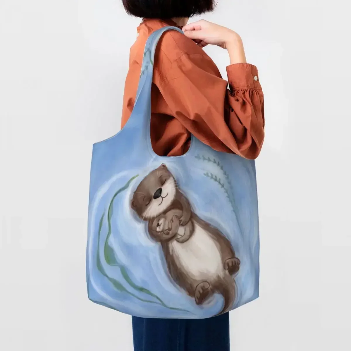 Fashion Printed Otter Mom And Baby Snuggles Shopping Tote Bags Reusable Canvas Shoulder Shopper Bags Photography Handbag