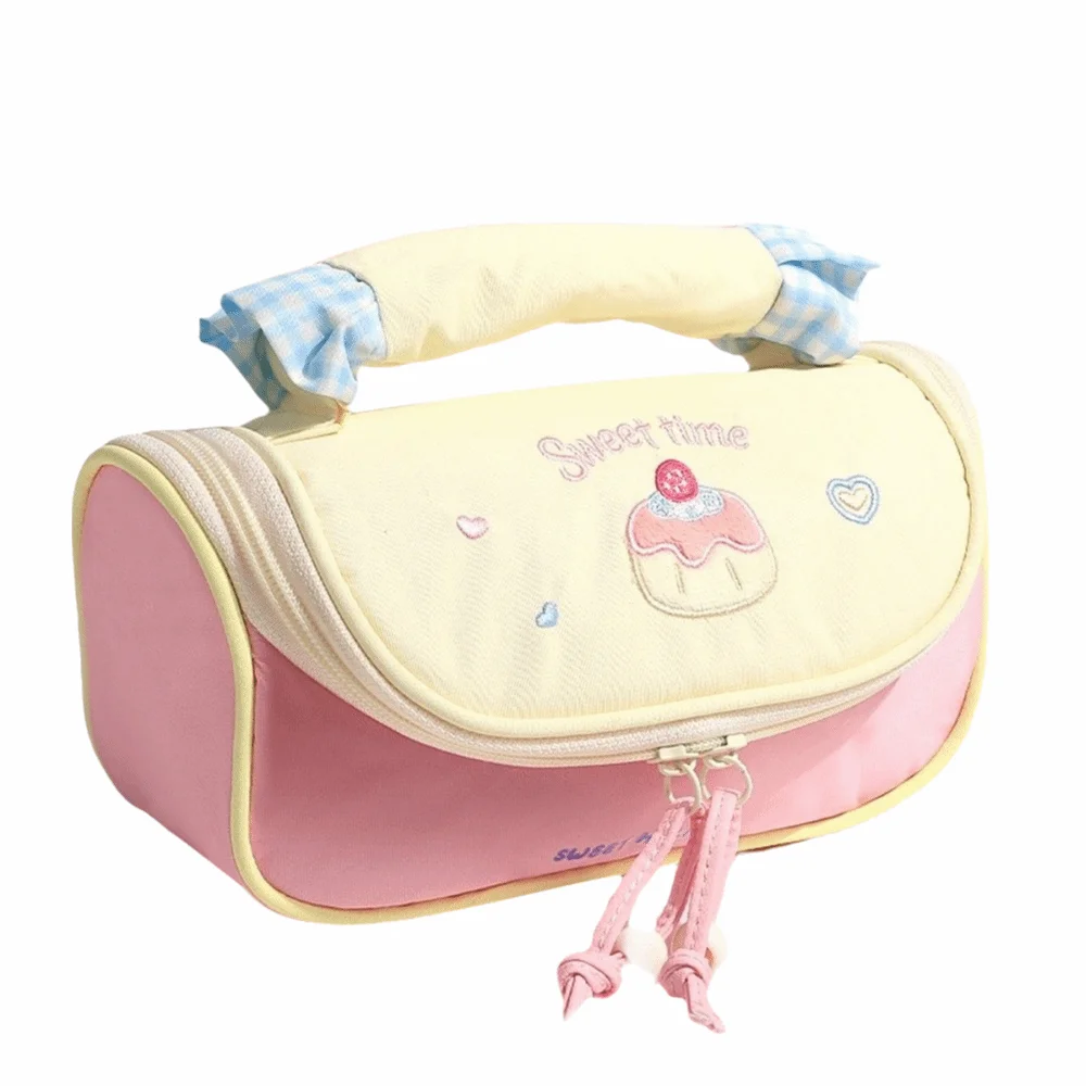 Durable Embroidery Pencil Case Handheld Large Capacity Pencil Pouch Macaron Multi-Layer Divided Pen Bag Gift