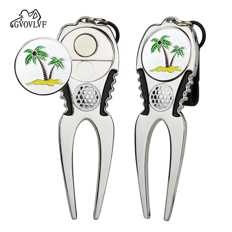 Golf Divot Tool Repair Fork Magnetic With Coconut Tree Ball Marker Repair Pitch Groove Cleaner Pitch Fork Training Accessories