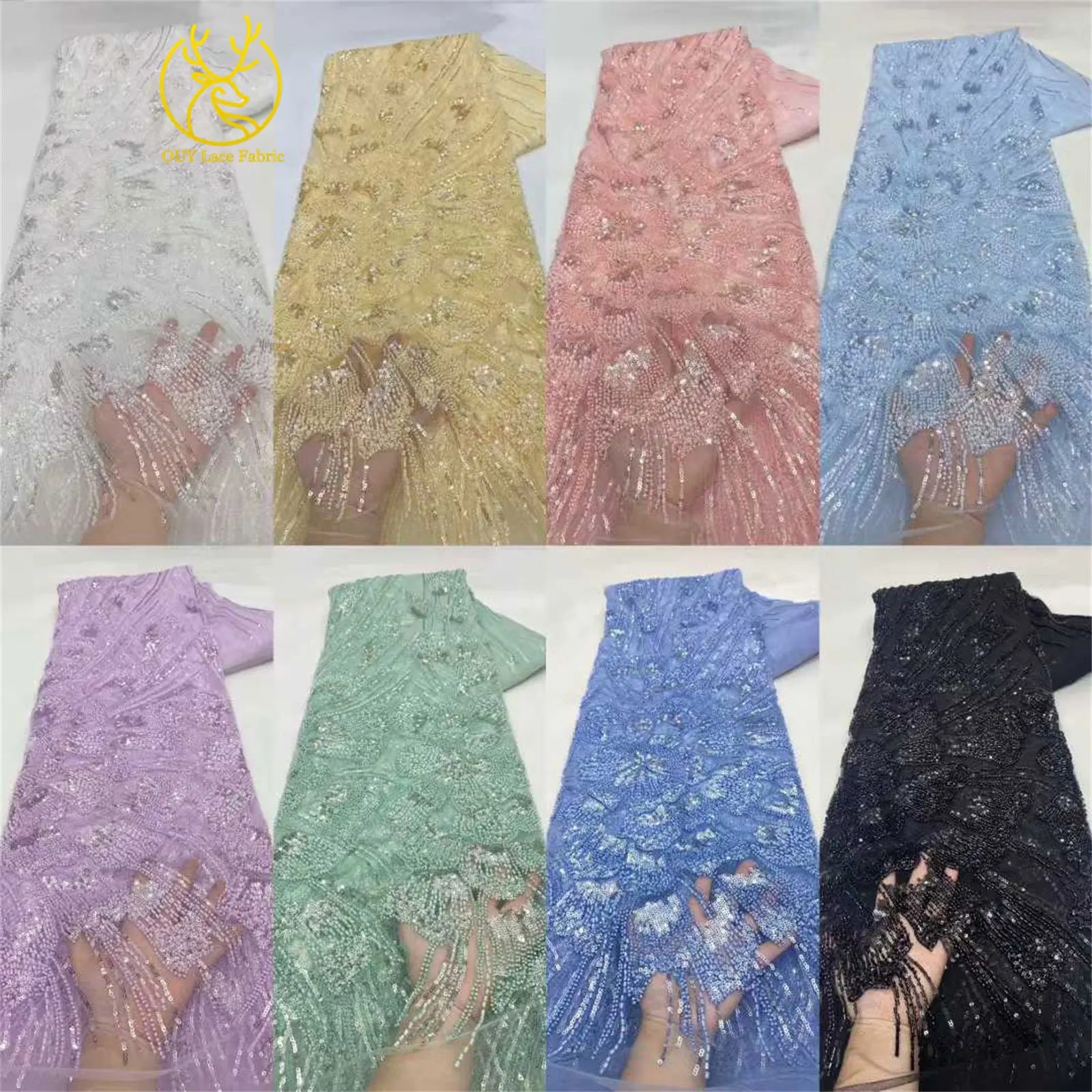 Luxuriöser Afrikanischer Pailletten-Perlen-Spitzenstoff 5 Yards Französischer Nigerianischer Tüll-Spitzenstoff Geeignet für Hochzeiten und Näharbeiten – Detail 3