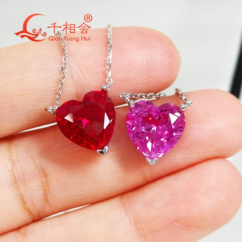 

925 silver heart shape 10*10mm Pigeon blood red and pink color lab grwon created ruby with inclusions Jewelry Pendant Necklace