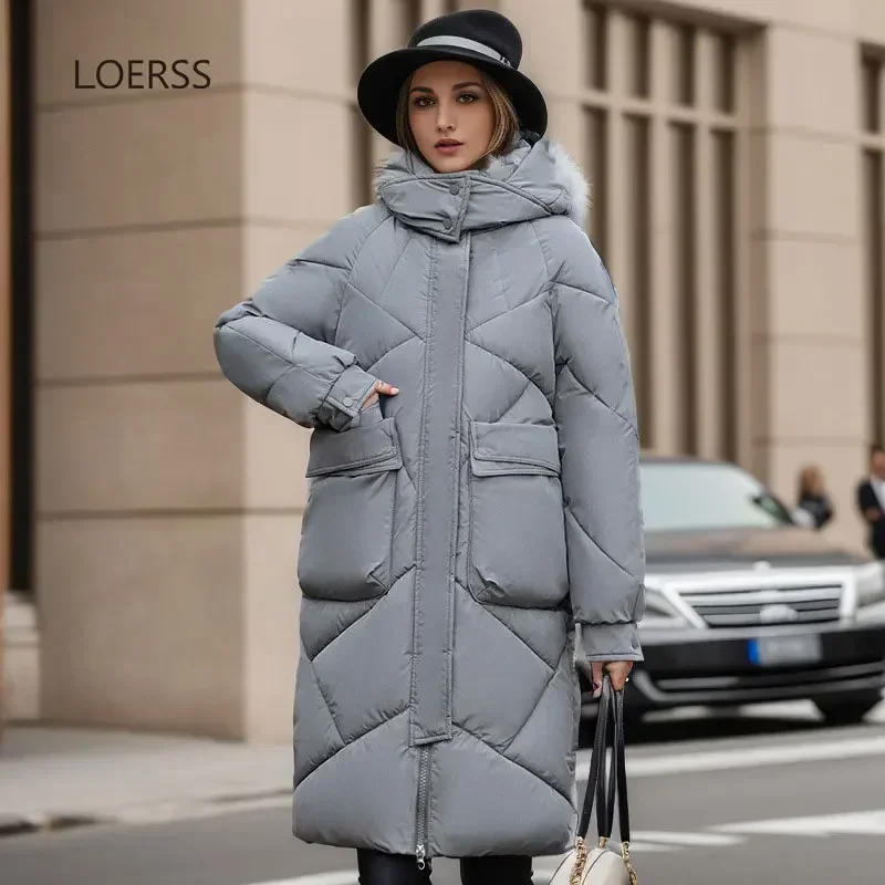 LOERSS Parkas for Women Winter Hooded Down Jakcet Thicken Casual Loose Long Parkas Snow Wear Warm Versatile Jacket Outerwear