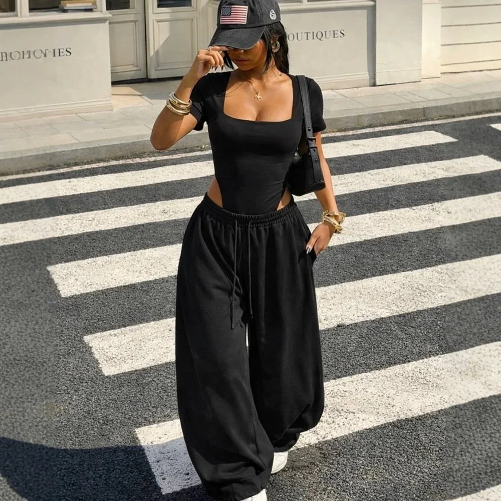 

Women's Square Neck Fitted Tee Blouse Top Short Sleeve Loose Jogger Pants Set Matching Tracksuit Spring Summer