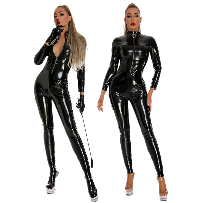 

Women Wet Look Latex Catsuit Long Sleeves Full Body PVC Rubber Exotic Parties Nightclub Wear Fetish PU Leather Jumpsuit Rompers