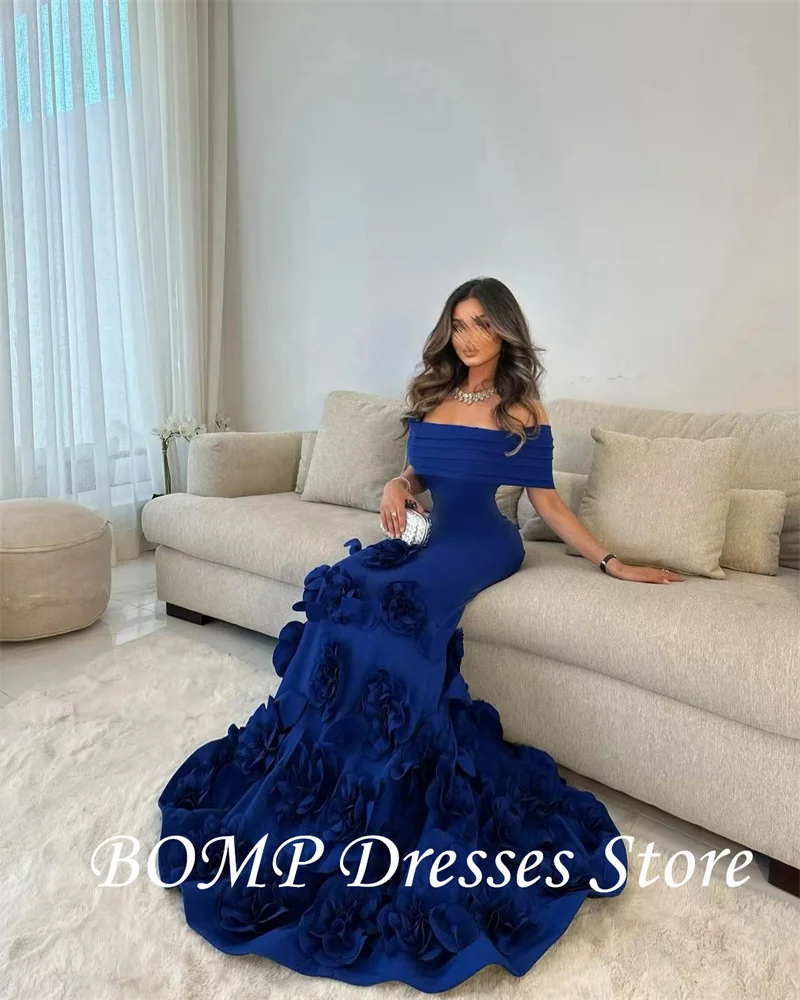 BOMP Elegant Blue White Mermaid Evening Dresses Arabic Women 3D Flowers Soft Satin Formal Prom Gowns Vestidos de Customized