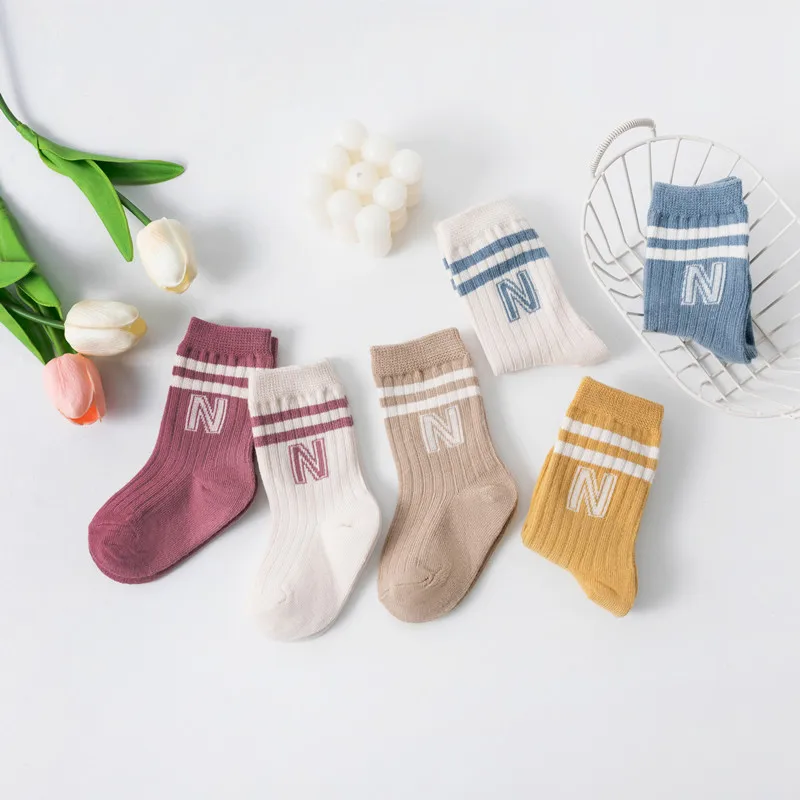 3Pairs Children Knit Soft Cotton Letter Socks Kids Long Knee High Socks Infant Toddler Baby Boys Girls Cute Stripe Socks