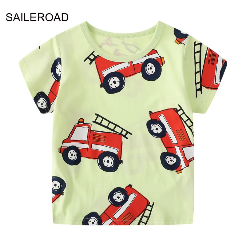 

SAILEROAD 2024 New Summer T Shirt Cotton Short Sleeve Cartoon Fire Truck T-shirts Kids Tee Tops Boys Children Clothes