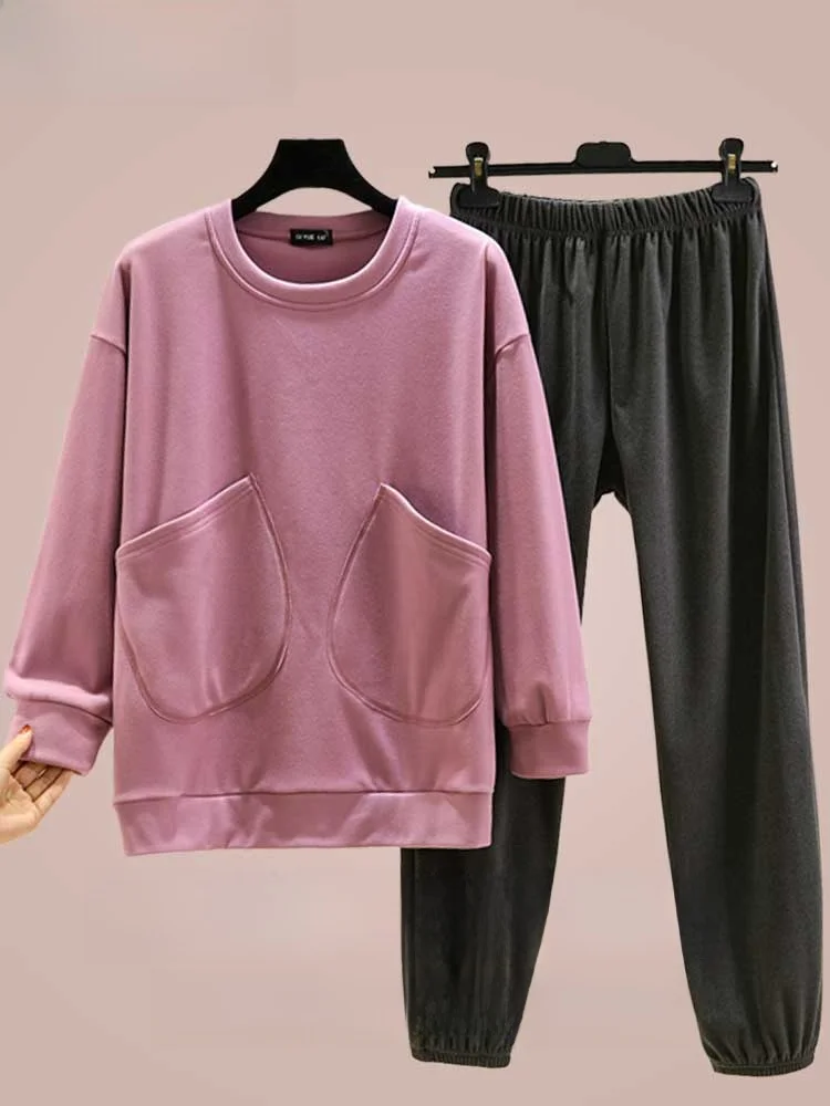 

Double-Sided Fleece round Neck Home Clothes Loose plus Size Sweatshirt Pants Set Winter Fleece Lined Pocket Sleepwear Pants