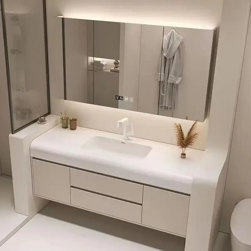 Light Luxury Simple Bathroom Cabinet White Rock Washbasin Nordic Home Integrated Gabinete Banheiro Com Cuba Bathroom Furniture