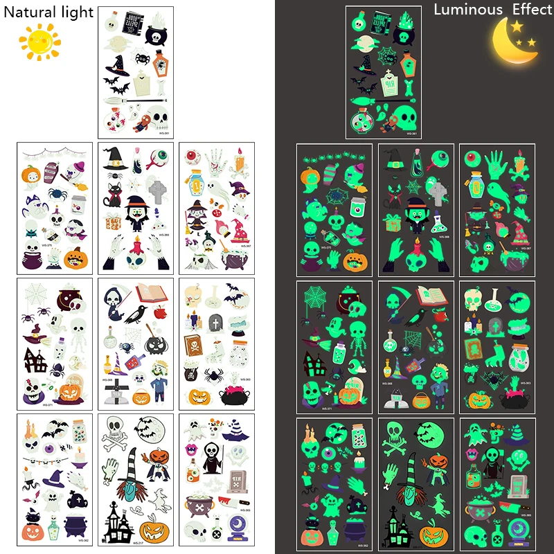 

10PCS Halloween Luminous Tattoo Stickers, Waterproof, Long-lasting Fluorescent, Green Cartoon Face Luminous Tattoo Stickers