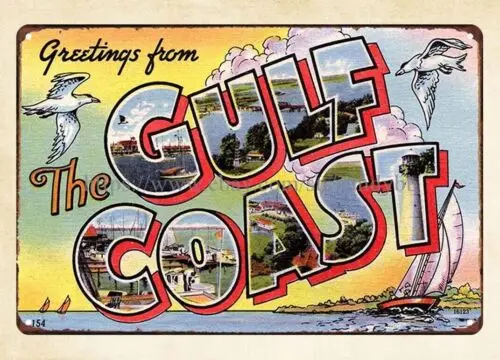 house decor interior1940s Greetings from the Gulf postcard metal tin sign-Aluminum