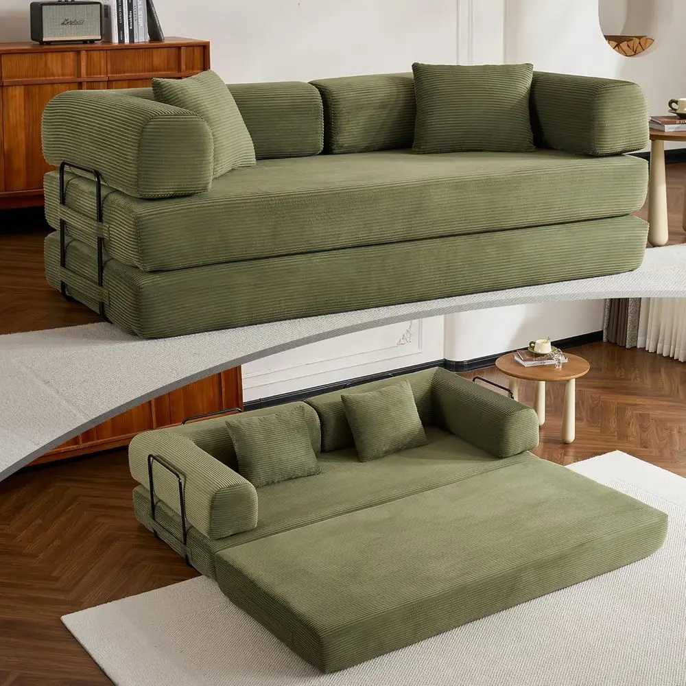 

Green Corduroy Convertible Couch Bed with Mixed-Shape Floor Sofa and Armrest for Living Room or Bedroom Lounge