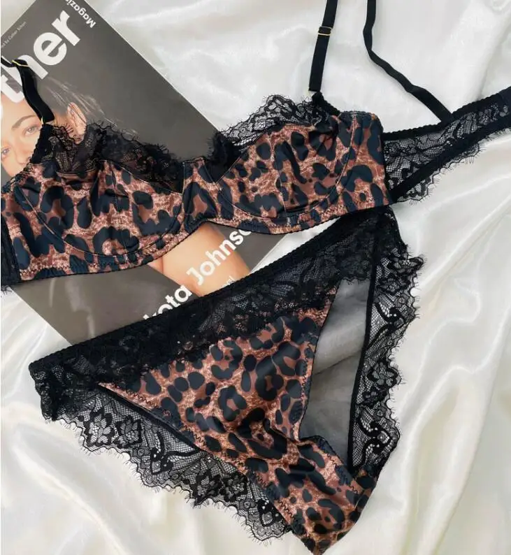 Sexy leopard underwear female black lace thin lingerie with steel ring large breasts show small bra briefs set