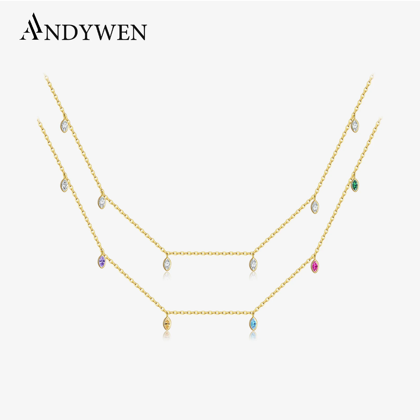 ANDYWEN 925 Sterling Silver Ovals Zircon Charm CZ Clear Charm Choker Necklace Long Chain Rainbow Luxury Women Wedding Jewelry