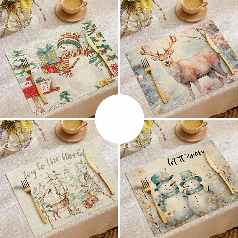 

Merry Christmas Milu Deer Snowman Print Placemat Linen Tableware Kitchen Dinning TableMat Bowl Coffee Cup Pad Non-slip Decor