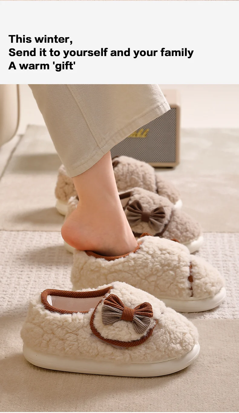 Niedliche Schleifen-Winterhausschuhe für Damen, flauschige Lammfell-Hausschuhe, weiche Plüsch-Warmstiefel mit vollständiger Fersenumhüllung, dicke Sohle, Indoor-Mules. – Detail 10