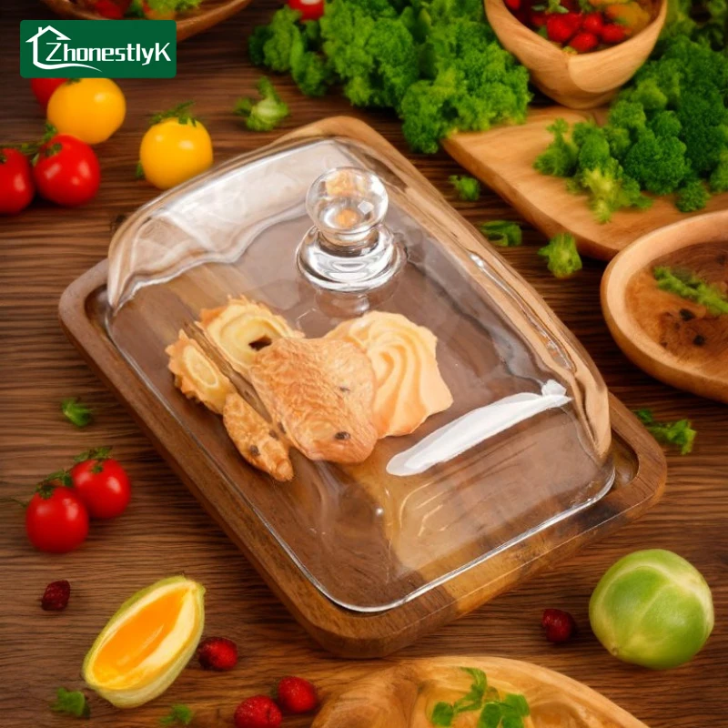 

Rectangular Wooden Plate Glass Lid Butter Container Box Restaurant Sealed Storage Box Cheese Dish Butter Slicer Butter Tableware