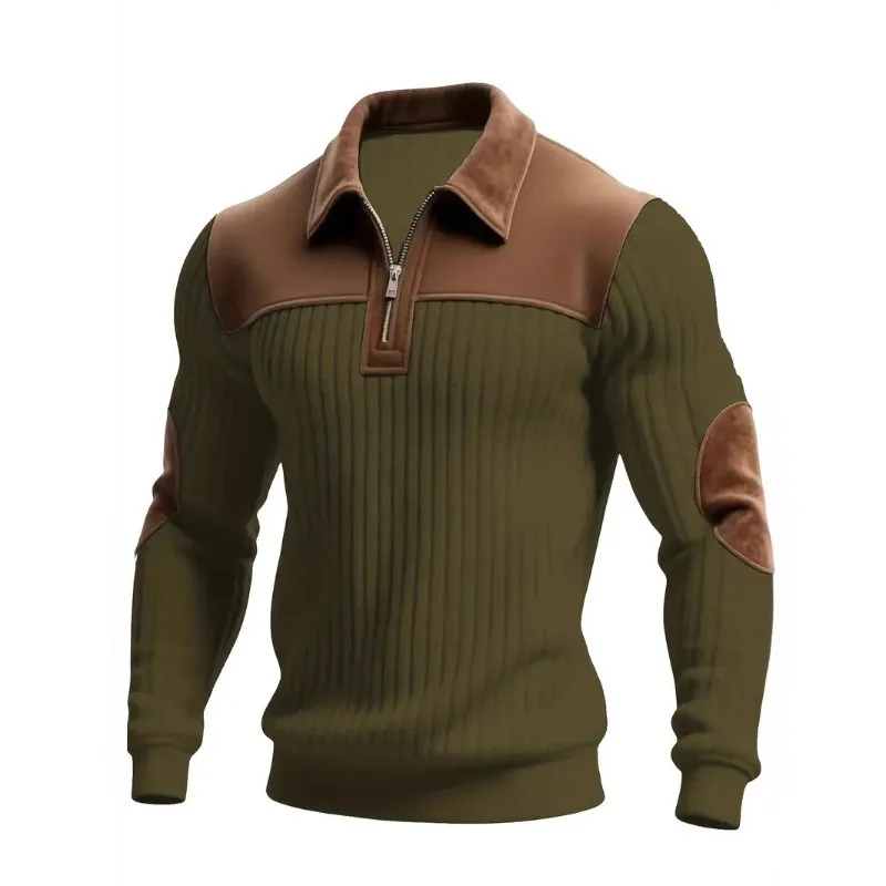 Men Splicing Turn-Down Collar Sweatshirts Ribbed Long Sleeve Half Zip Polo Sweater Wear-resistant Patches Pullover Sweatshirts
