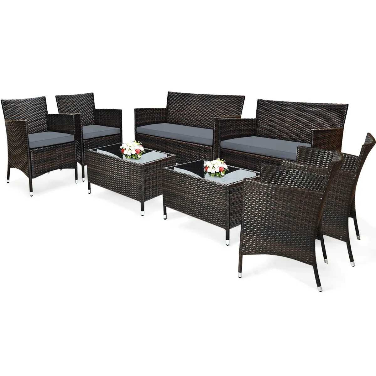

8PCS Rattan Patio Furniture Set Cushioned Sofa Chair Coffee Table Grey