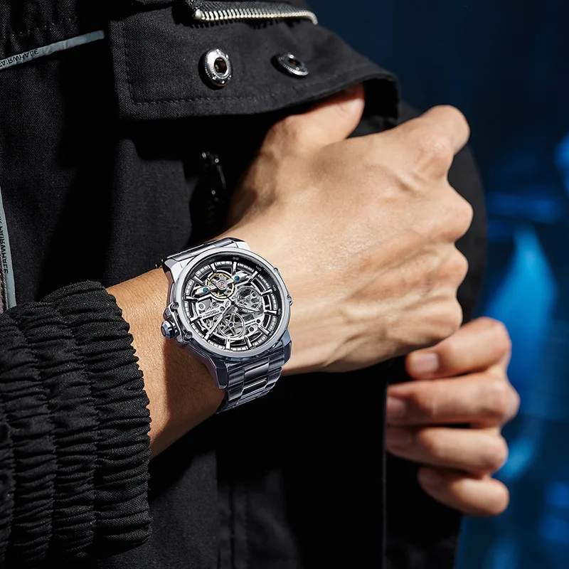 ساعة ميكانيكية أوتوماتيكية بالكامل، ساعة عصرية من الفولاذ المقاوم للصدأ، ساعة رجالية مضيئة مقاومة للماء على الوجهين