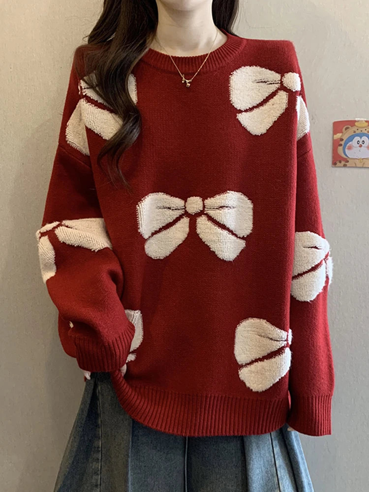 

Красный длинный вязаный свитер для женщин, осенне-зимняя верхняя одежда, модный повседневный свободный крой, абстрактный узор, с узлами