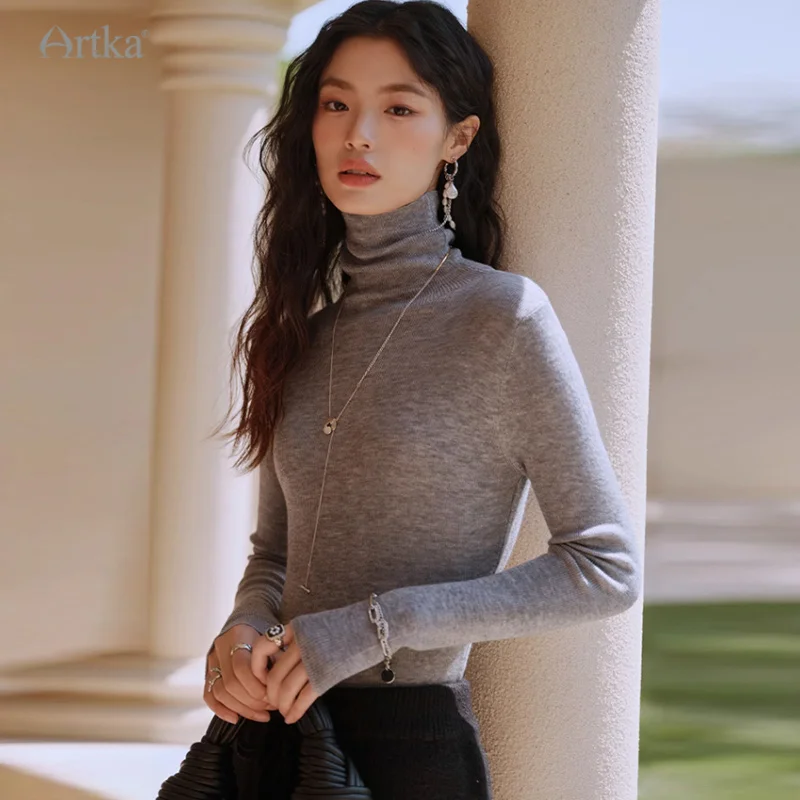 ARTKA 2023 Winter New Women Knitwear Multicolour Elegant Simple Slim Knitted Sweater Turtleneck Soft Wool Knitwear Top YB92335D