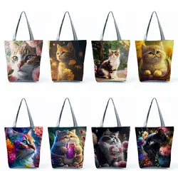 Pretty Cartoon Cat Print Handbags High Capacity Women Beach Tote Bags Cute Animal Graphic Eco Reusable Shopping Bags Portable