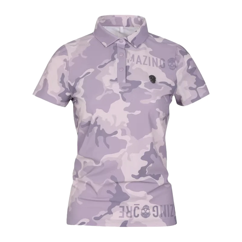 Golf Clothes Summer Women's Lapel Half Button Camouflage Chic Short Sleeved Slimming Quick Drying Golf Shirt