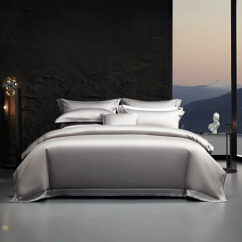 High-end 100 long-staple cotton four-piece set, light luxury satin kit, bed hat, quilt cover, bed sheet, bedding