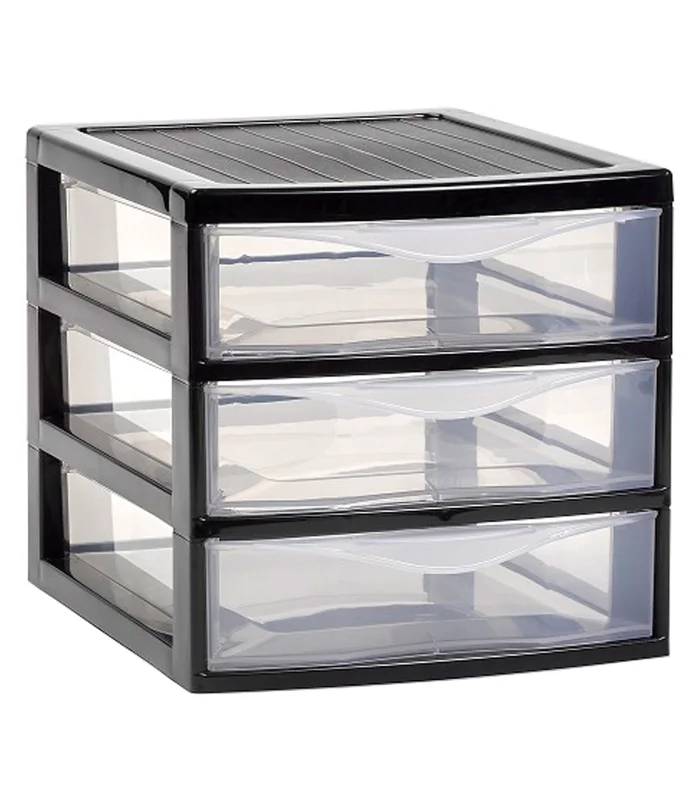 Tradineur-guadiana table top drawer, plastic, 3 transparent drawers, made in Spain (black, 17,5x18x21,5 cm,