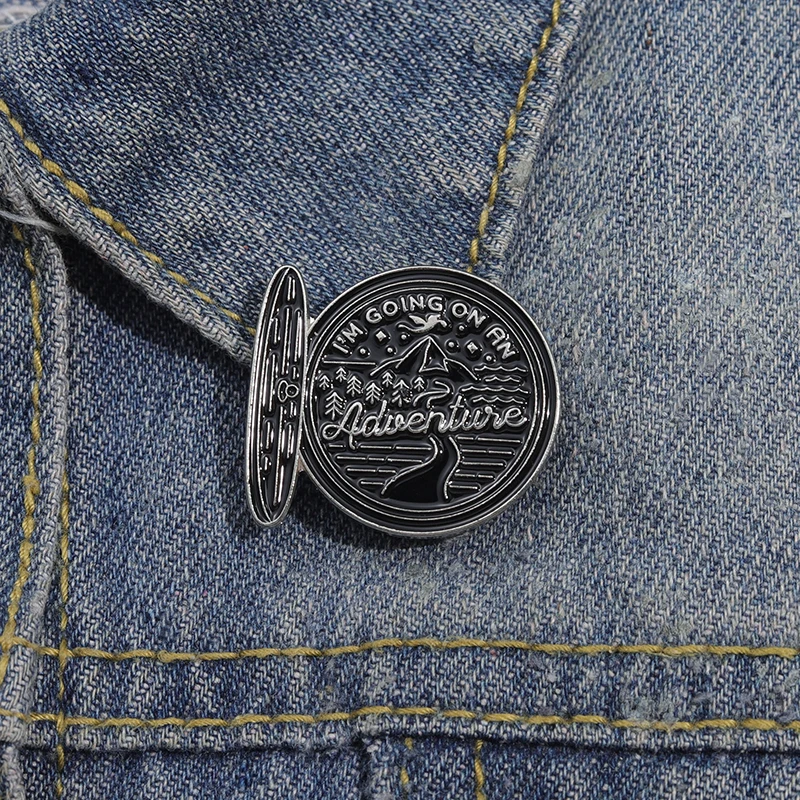 I'm Going on an Adventure Enamel Pins Mountain River Travel Brooch Metal Lapel Backpack Badges Jewelry Gift for Friends Kids