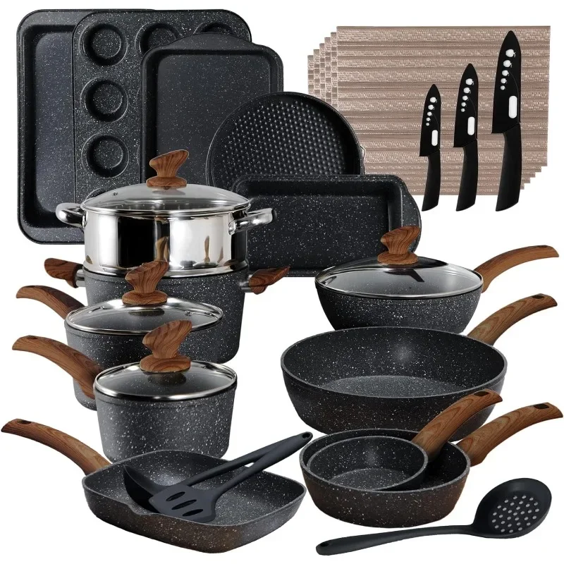 Cookware & Bakeware Set - 30 Piece Black Granite Cooking Pans Set, Non-Stick Pots and Pans Set