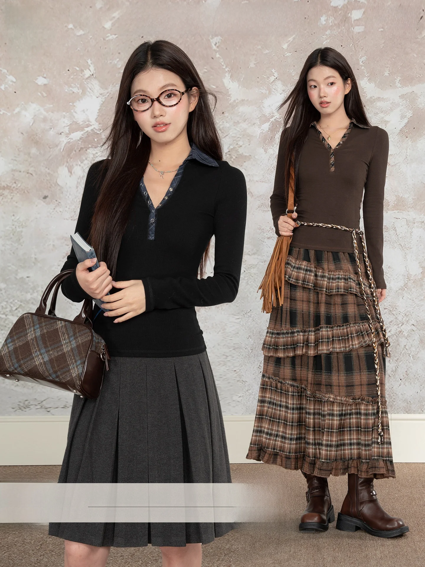 

Loveheynew Vintage Plaid Spliced Long Sve T-irt Women's Slim Fit Inner Wear Base irt Top Casual Sle Cotton Blend