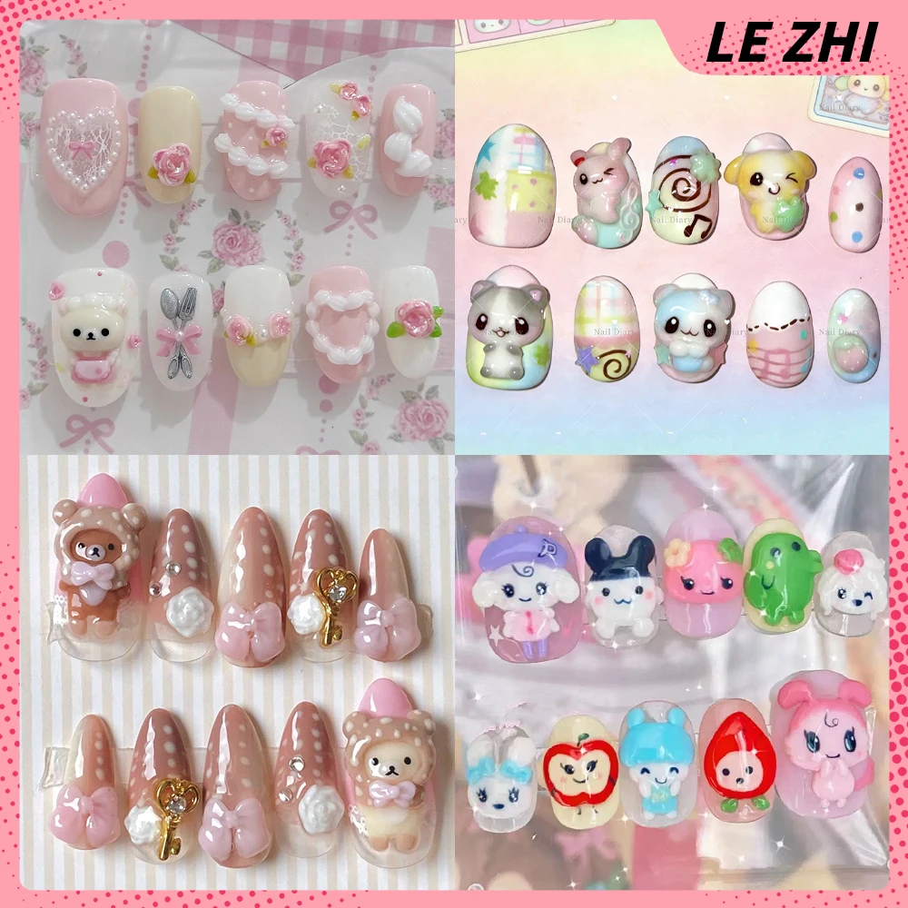 2026 NEU Süße Kurze Ellipsenförmige Mandel Retro Y2K Aufklebbare Kunstnägel Rilakkuma Handgemachte 3D Süße Maniküre Künstliche Nägel Geschenk