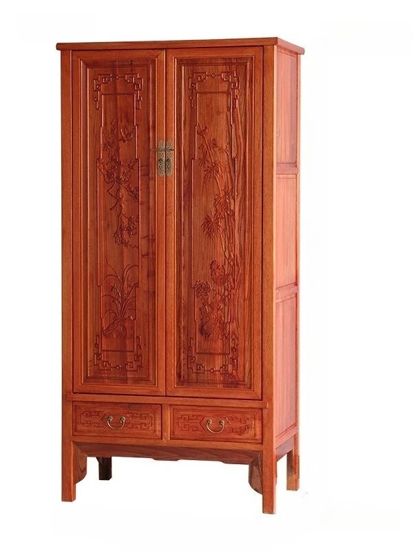 New Chinese-style solid wood two-door large wardrobe carved clothes and hats, locker top box cabinet, bedroom household