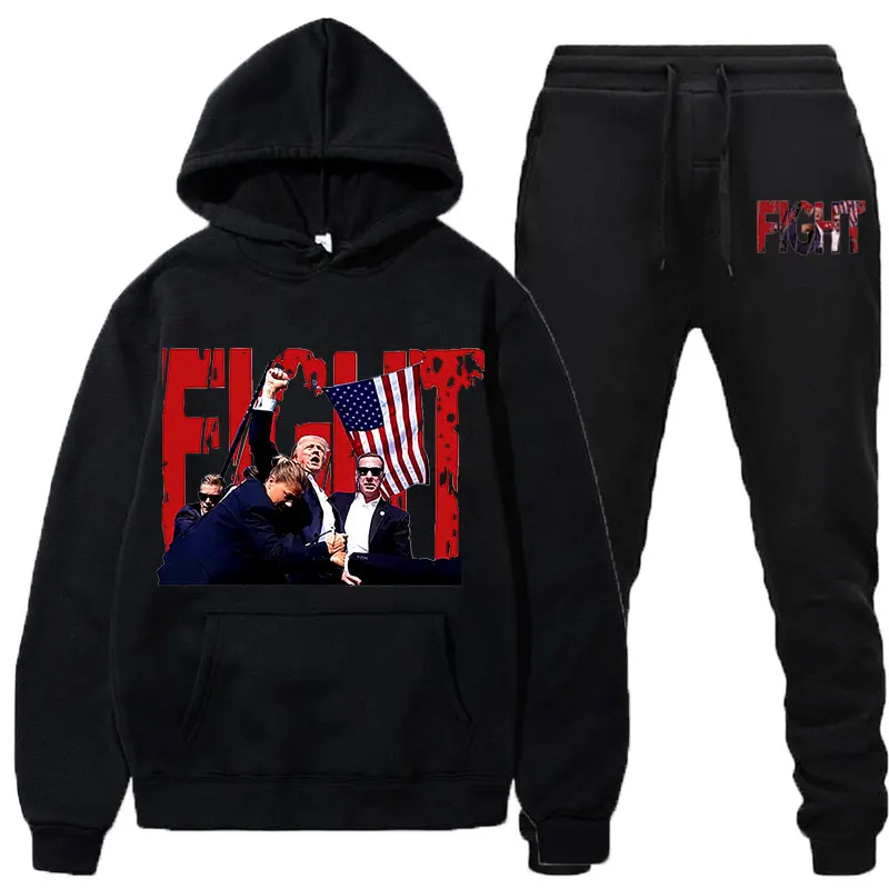 LE Trump Fight Man Sets Hoodie Sweatpants Men\'s Set  Autumn Winter clothing Casual Woolen Hoodie suit Sportswear men sets