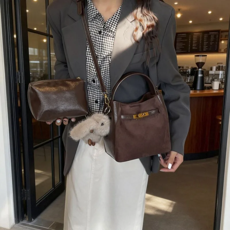 

2026 Winter Elegant Women's Magnetic Top Tote with Metal Embellishment in Suede Coffee Brown Versatile for Day to Evening Wear