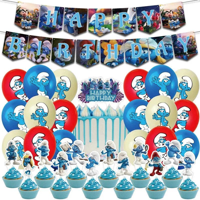 The Smurfes Birthday Party Decoration Balloon Banner Backdrop Cake Topper Smurf Birthday Party Supplies Baby Shower