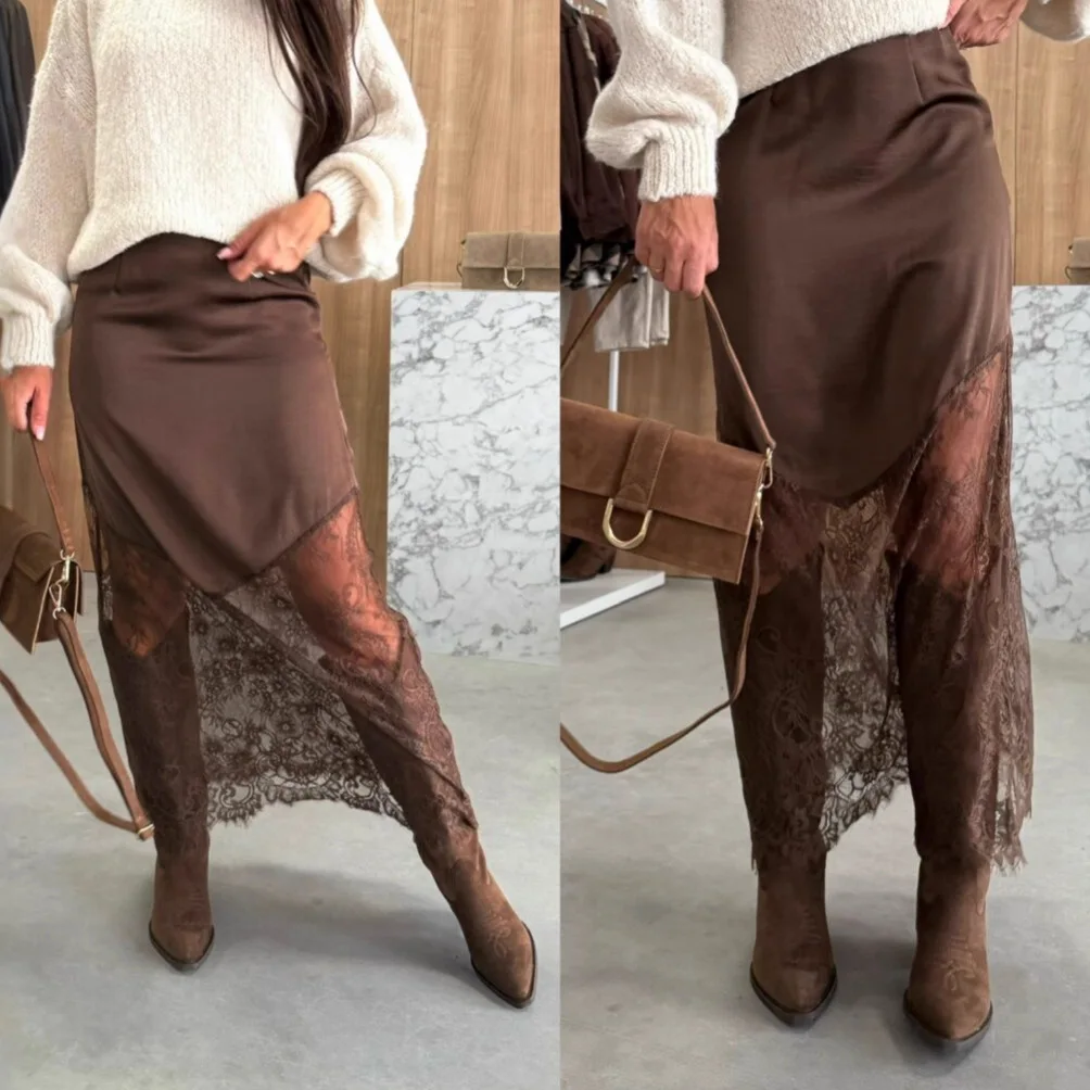Women Elegant Patchwork Lace Skirts Fashion Cinched Waist Hollow Out Maxi Skirts 2025 Lady Brown Evening Party Sexy Club Skirts