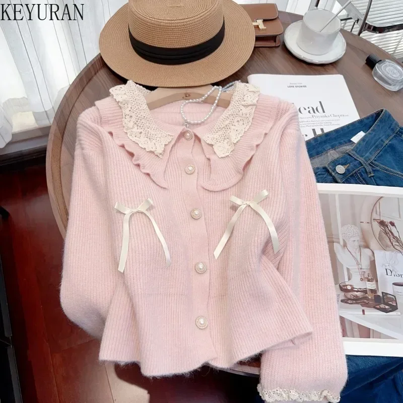 Sweet Peter Pan Collar Sweater Coat Women Autumn Winter Chic Loose Outwear Female Elegant Bow Knitted Cardigan Mujer Crop Tops