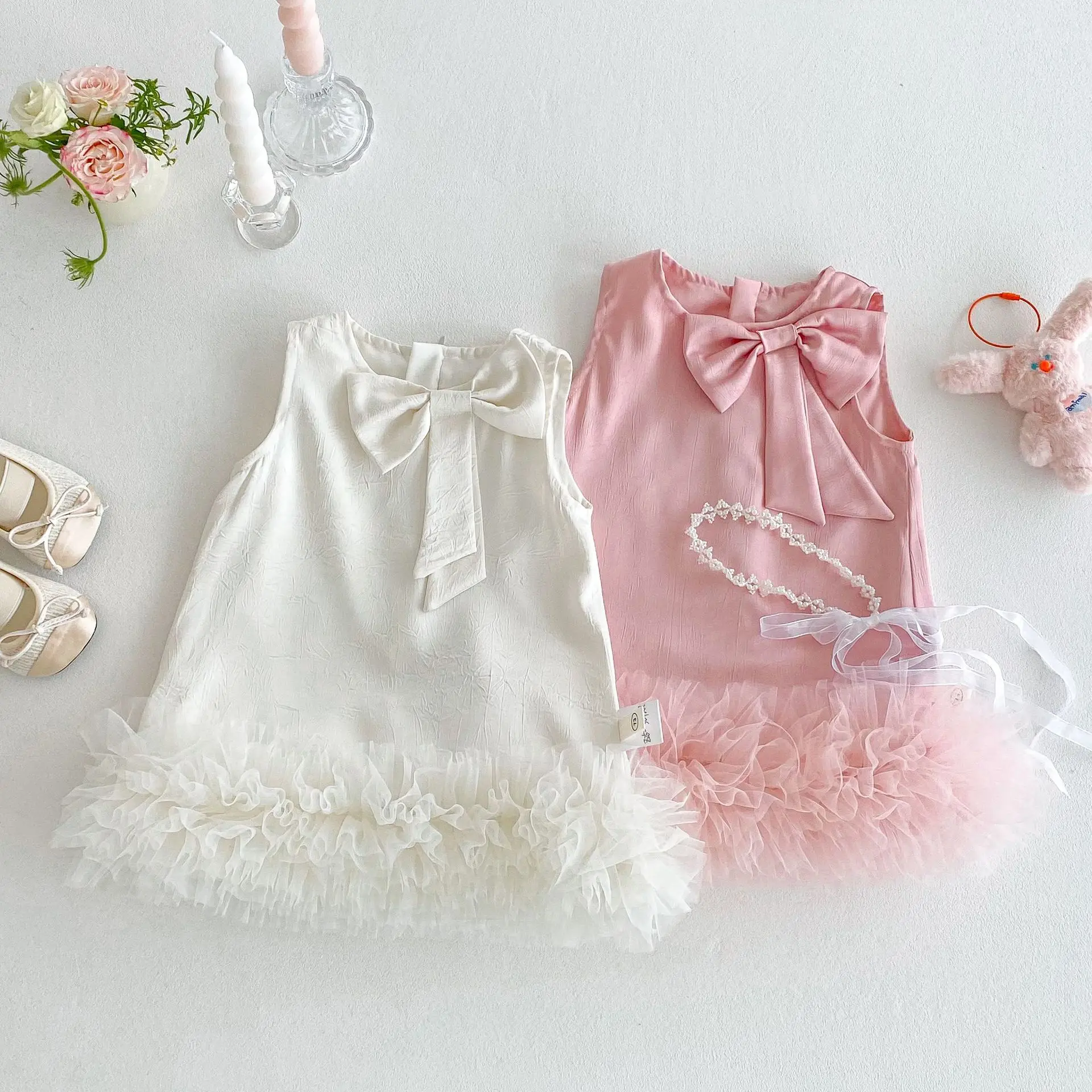 2026 Girl's Bow Sleeveless Princess Dress 0-5Y New Summer Girl Baby Solid Color Mesh Dress Trendy Children's Korean Style Dress