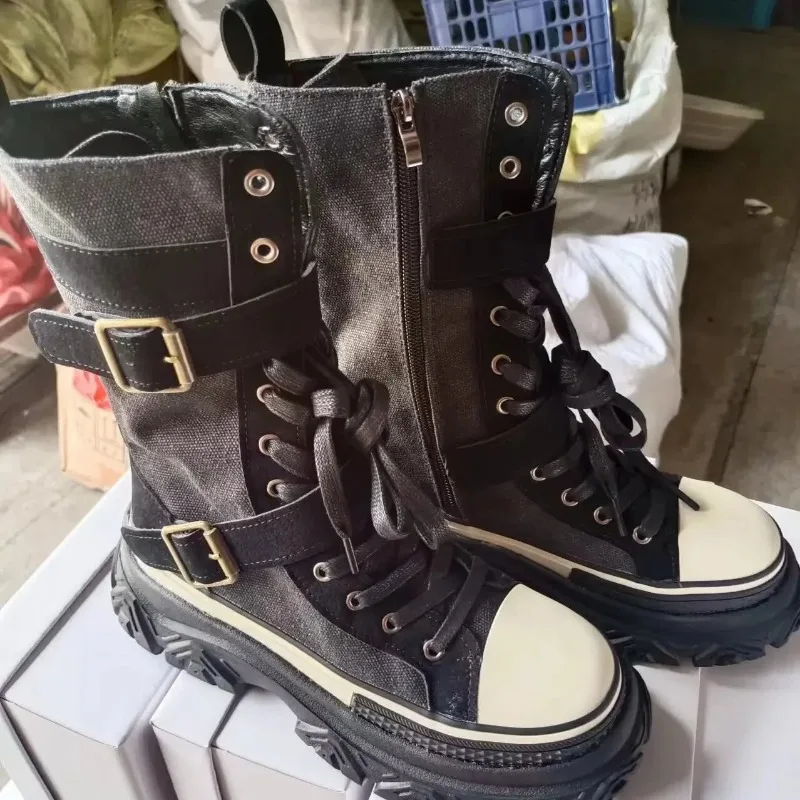 2024 Thick Sole Fashion Retro New High Top Round Head Muffin Bottom Side Zipper Boots