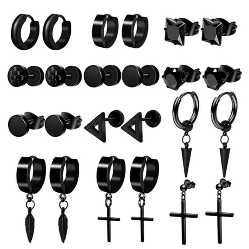 

12 Pairs Stainless Steel Stud Earrings Set for Men Black Punk Ear Studs CZ Crystal Cross Pendant Hoop Earrings Jewelry Piercings