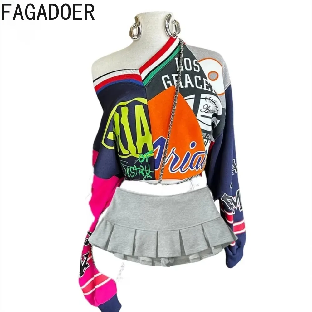 FAGADOER Fashion Y2K Letter Print Pullover Two Piece Sets Women Long Sleeve Top And Mini Pleated Skirts Outfit Odzież Damska