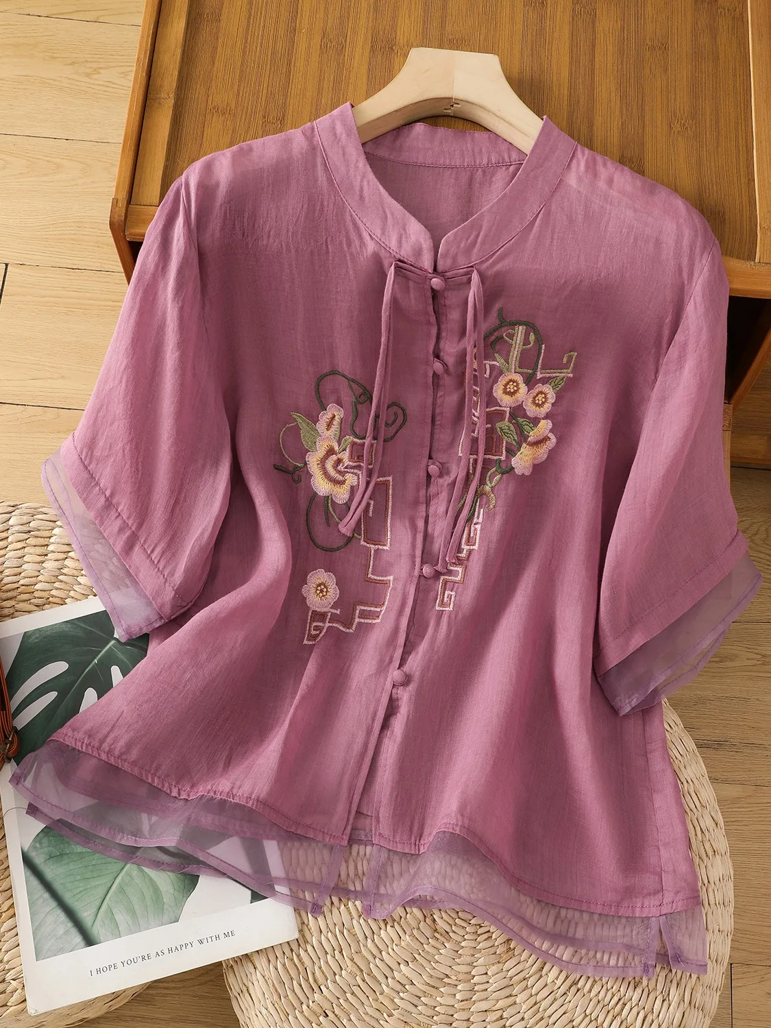 Ele bordado algodón lino irt mujer verano Faionable mamá Stand Collar blusa chino Sle abotonada Svel