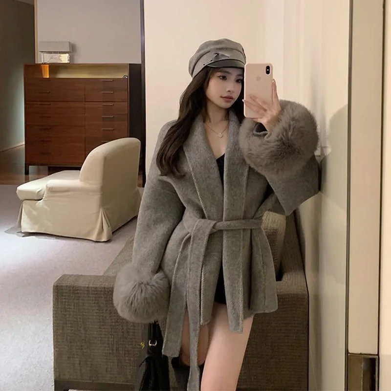 Women's Elegant Lace Up V-Neck Coat Fall Winter Loose Lapel Furry Belt Long Sleeve Jacket Lady Fashion Cardigan Coat Temperament