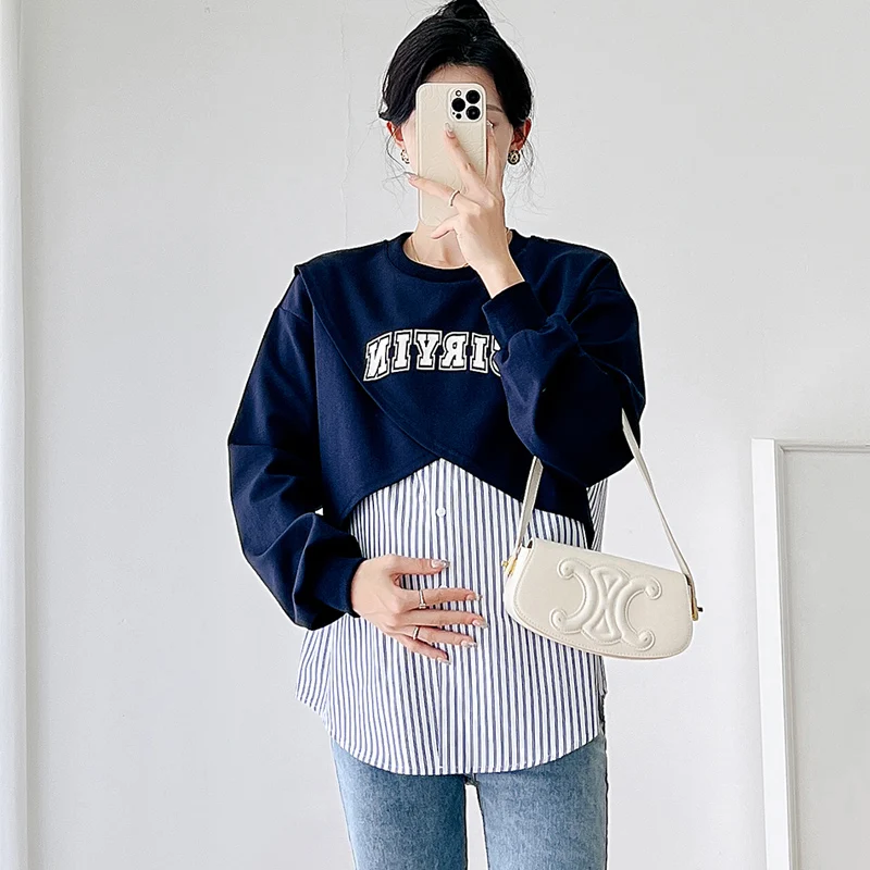 Autumn Fashion Print Maternity Hoodies Plus Size Striped Patchwork Letter O-neck Pregnant Woman Sweater Casual Loose Sweatshirts