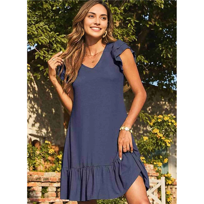 CGS-Women Summer Dresses Ruffle Short Sleeve Smocked V Neck Casual Loose A-Line Swing Mini Dress Sundress
