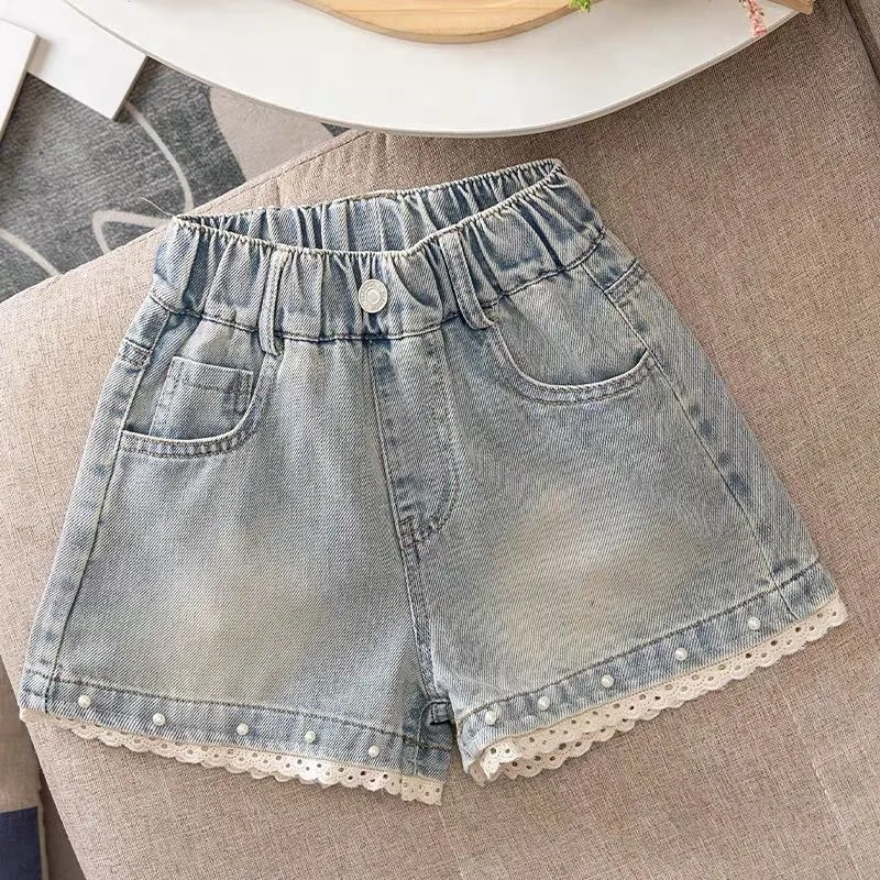 Girls' summer shorts new style children's casual outer lace denim straight leg pants 110-170cm